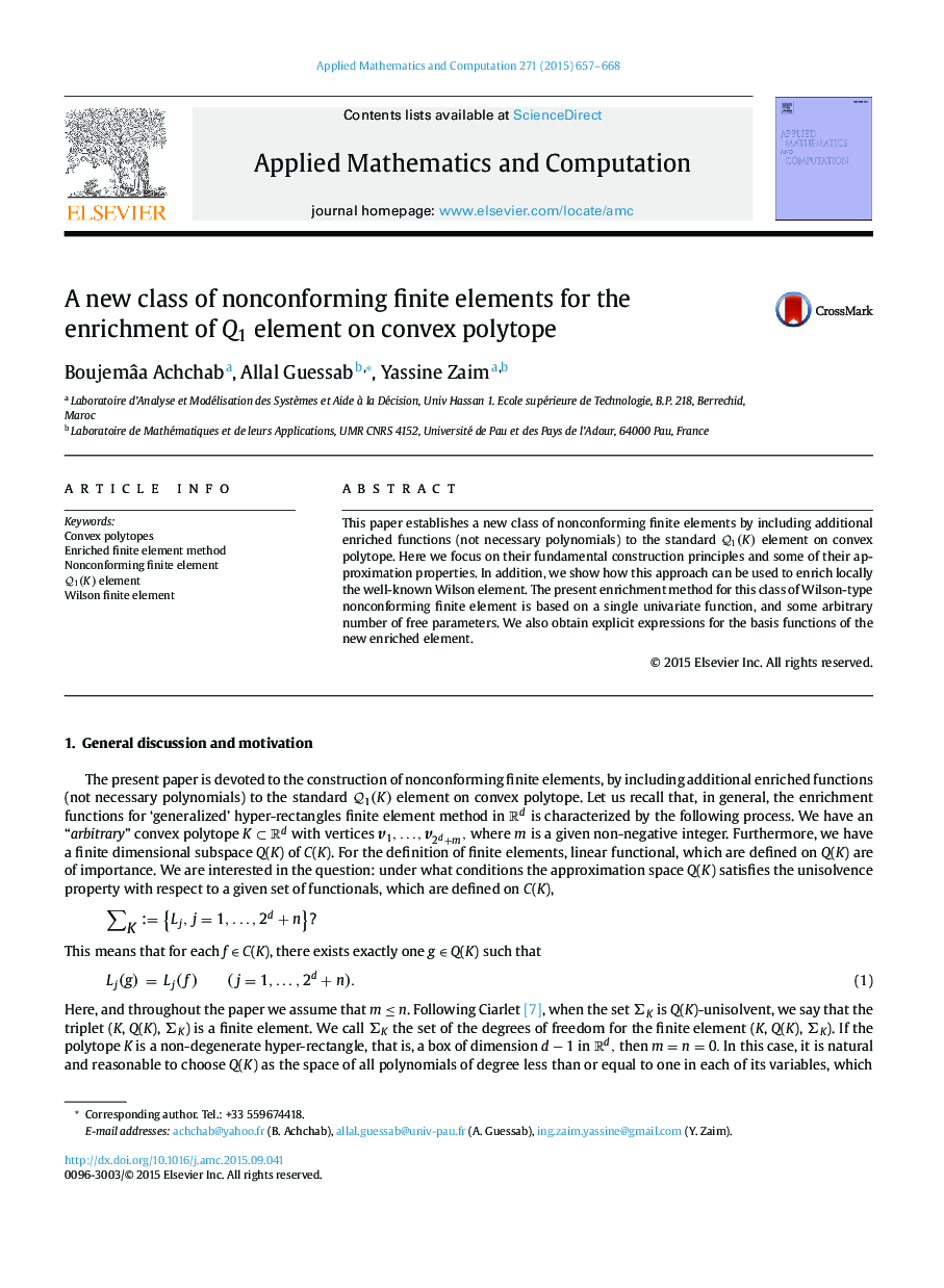 A new class of nonconforming finite elements for the enrichment of Q1 element on convex polytope