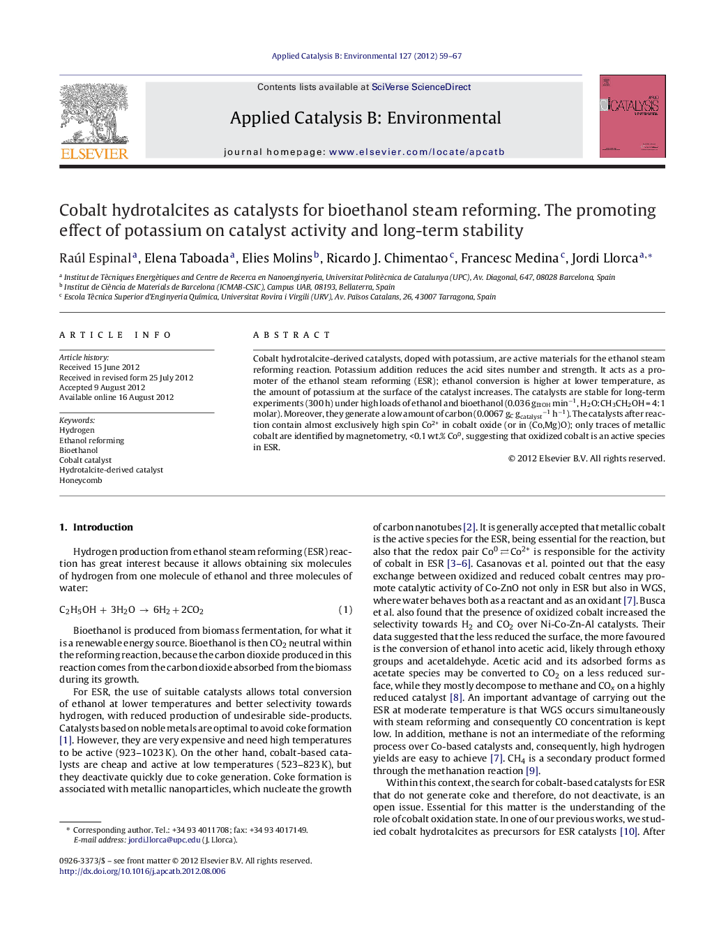 Cobalt hydrotalcites as catalysts for bioethanol steam reforming. The promoting effect of potassium on catalyst activity and long-term stability