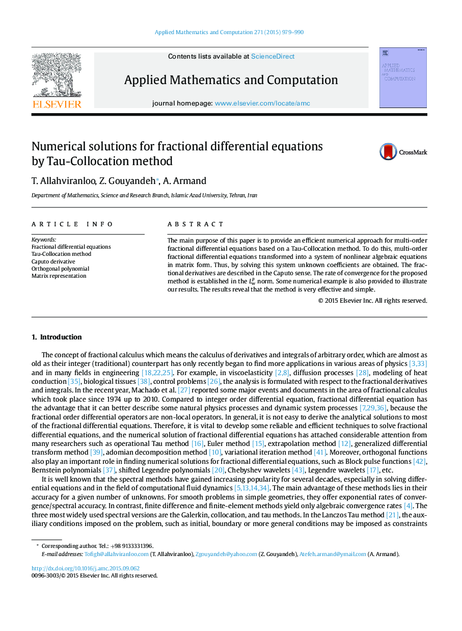 Numerical solutions for fractional differential equations by Tau-Collocation method