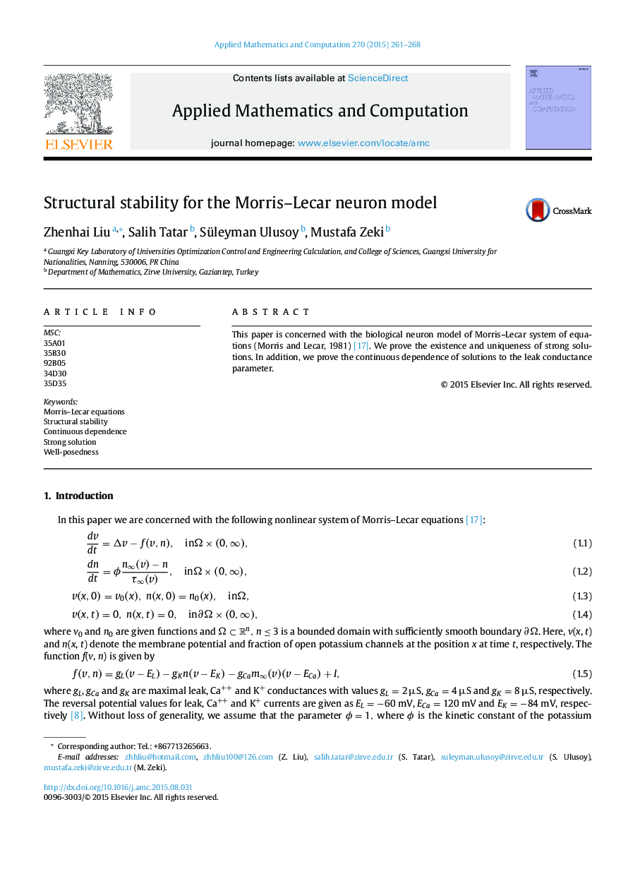 Structural stability for the Morris–Lecar neuron model