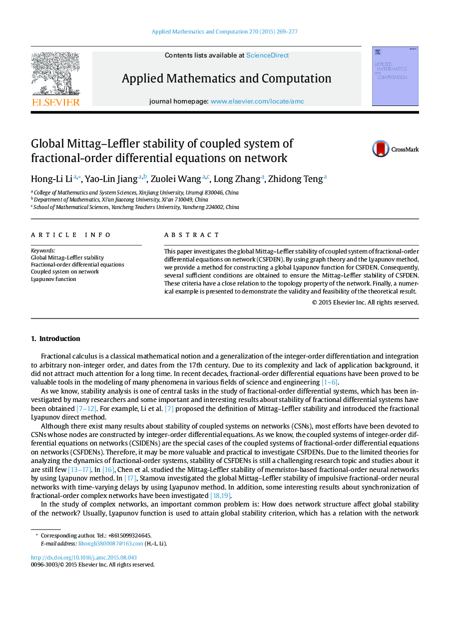 Global Mittag–Leffler stability of coupled system of fractional-order differential equations on network