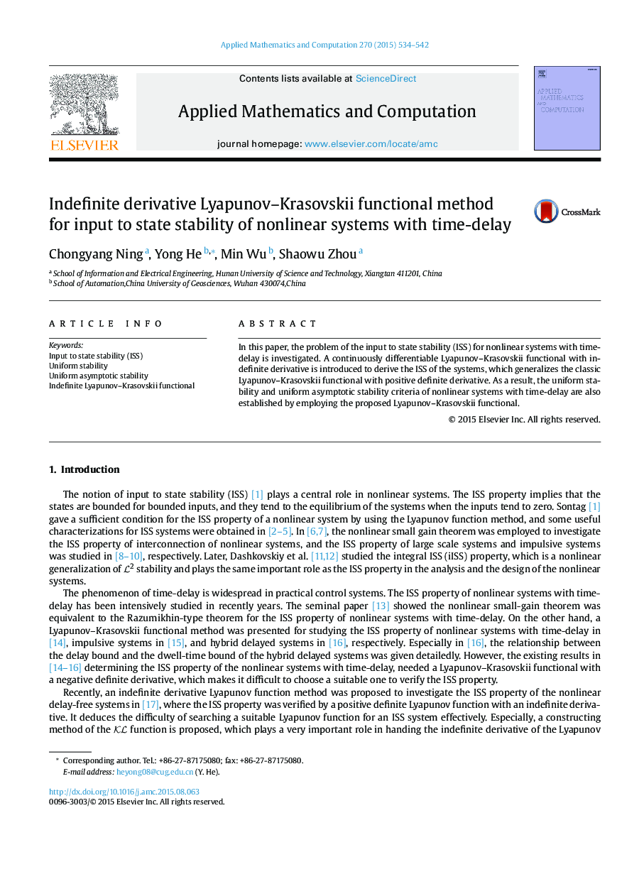 Indefinite derivative Lyapunov–Krasovskii functional method for input to state stability of nonlinear systems with time-delay