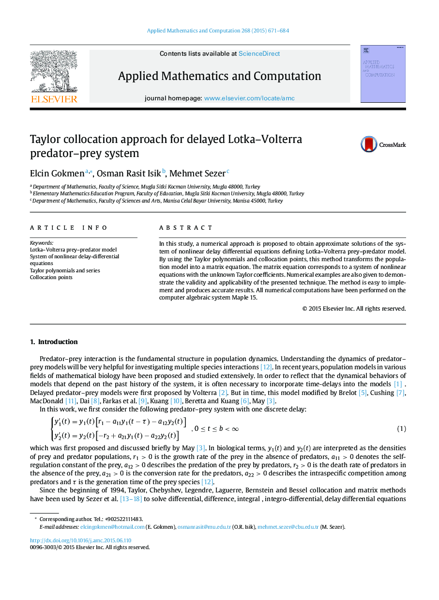 Taylor collocation approach for delayed Lotka–Volterra predator–prey system