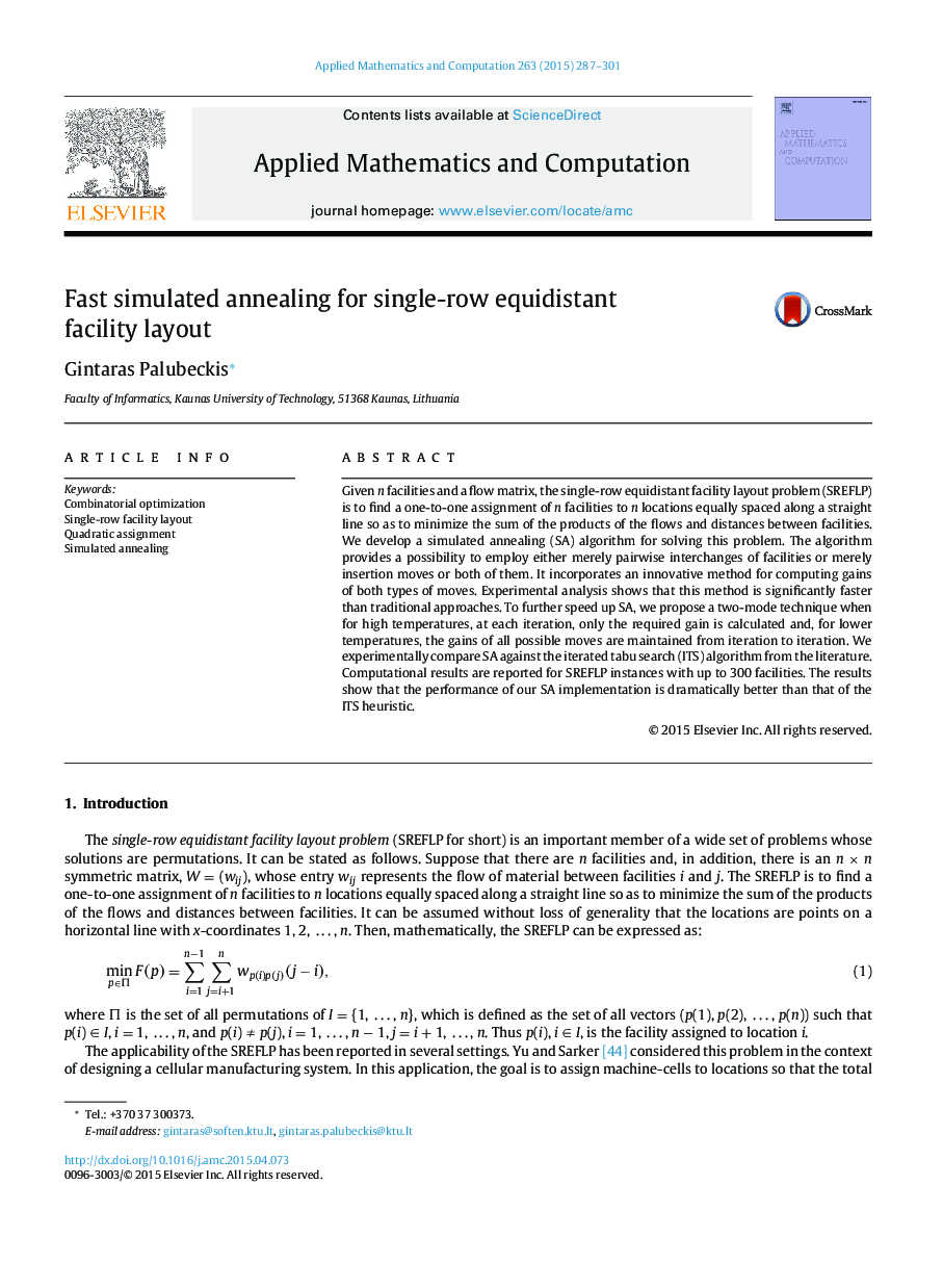 Fast simulated annealing for single-row equidistant facility layout