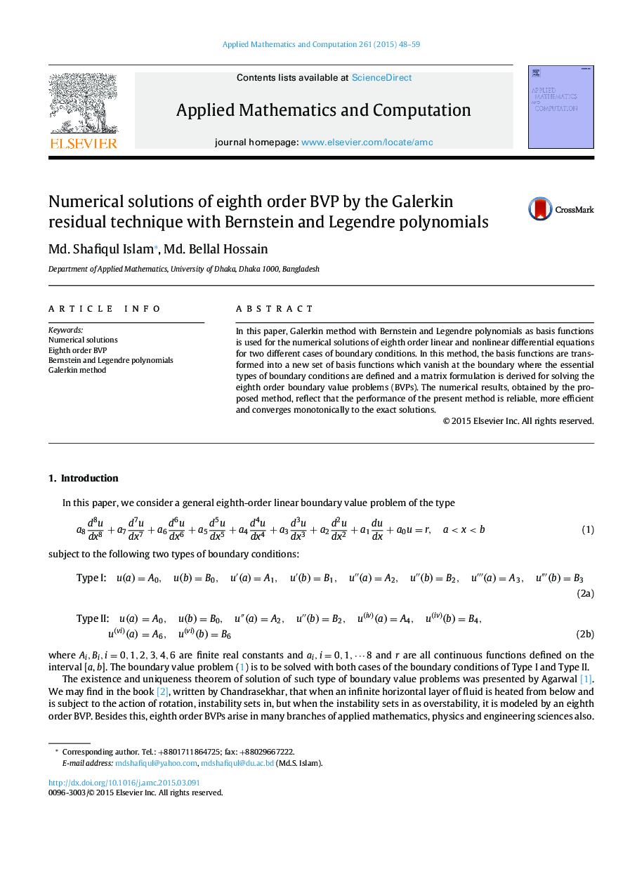 Numerical solutions of eighth order BVP by the Galerkin residual technique with Bernstein and Legendre polynomials