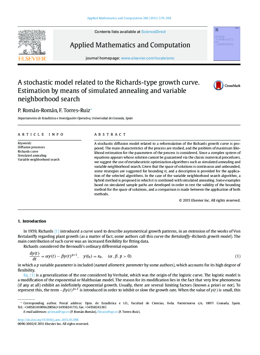 A stochastic model related to the Richards-type growth curve. Estimation by means of simulated annealing and variable neighborhood search