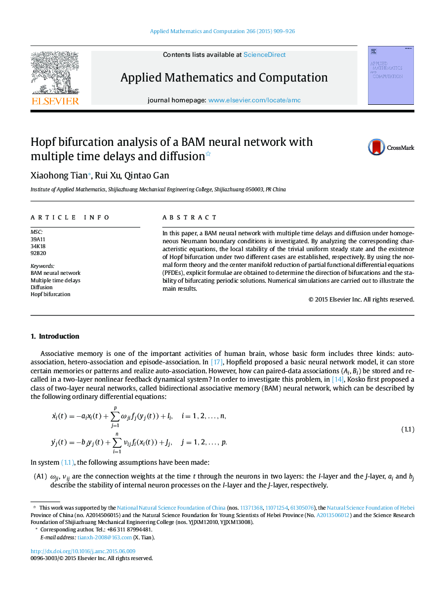 Hopf bifurcation analysis of a BAM neural network with multiple time delays and diffusion 