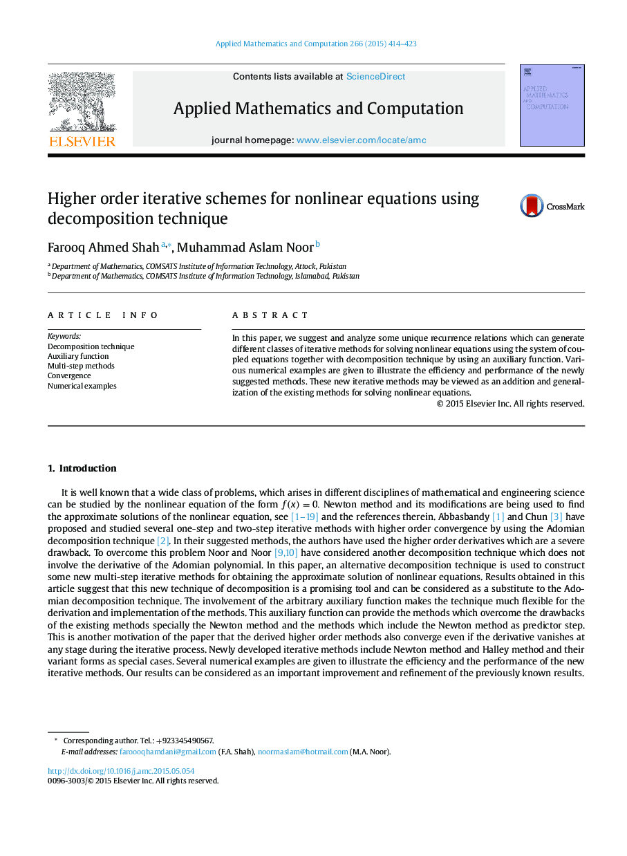 Higher order iterative schemes for nonlinear equations using decomposition technique