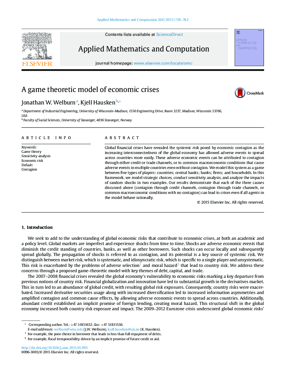 A game theoretic model of economic crises