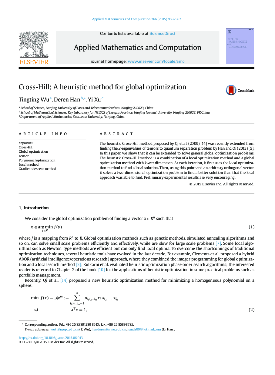 Cross-Hill: A heuristic method for global optimization