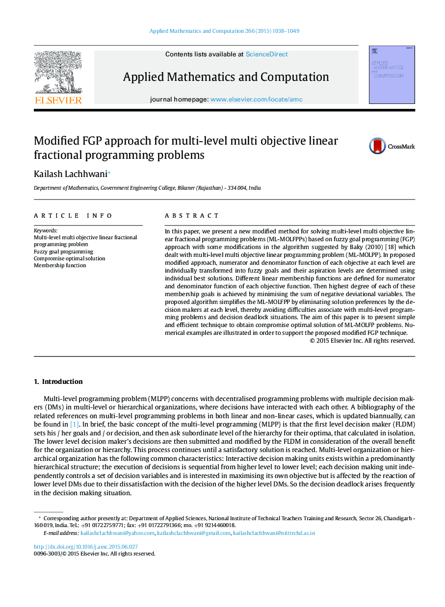 Modified FGP approach for multi-level multi objective linear fractional programming problems