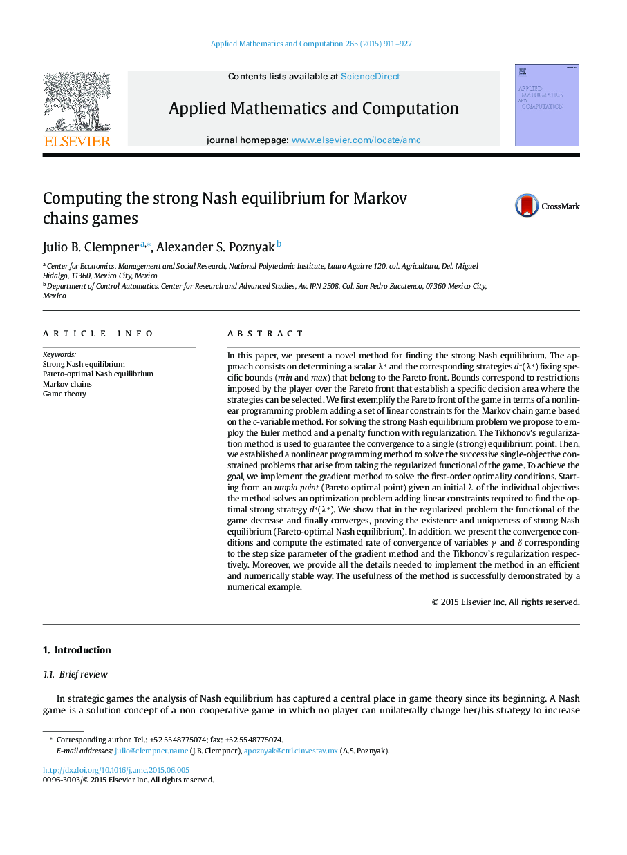 Computing the strong Nash equilibrium for Markov chains games