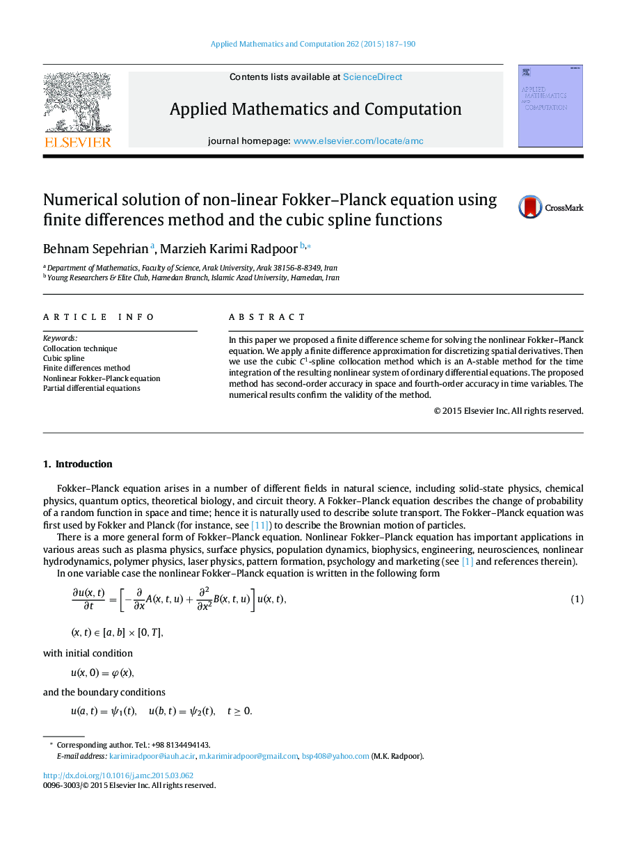 Numerical solution of non-linear Fokker–Planck equation using finite differences method and the cubic spline functions