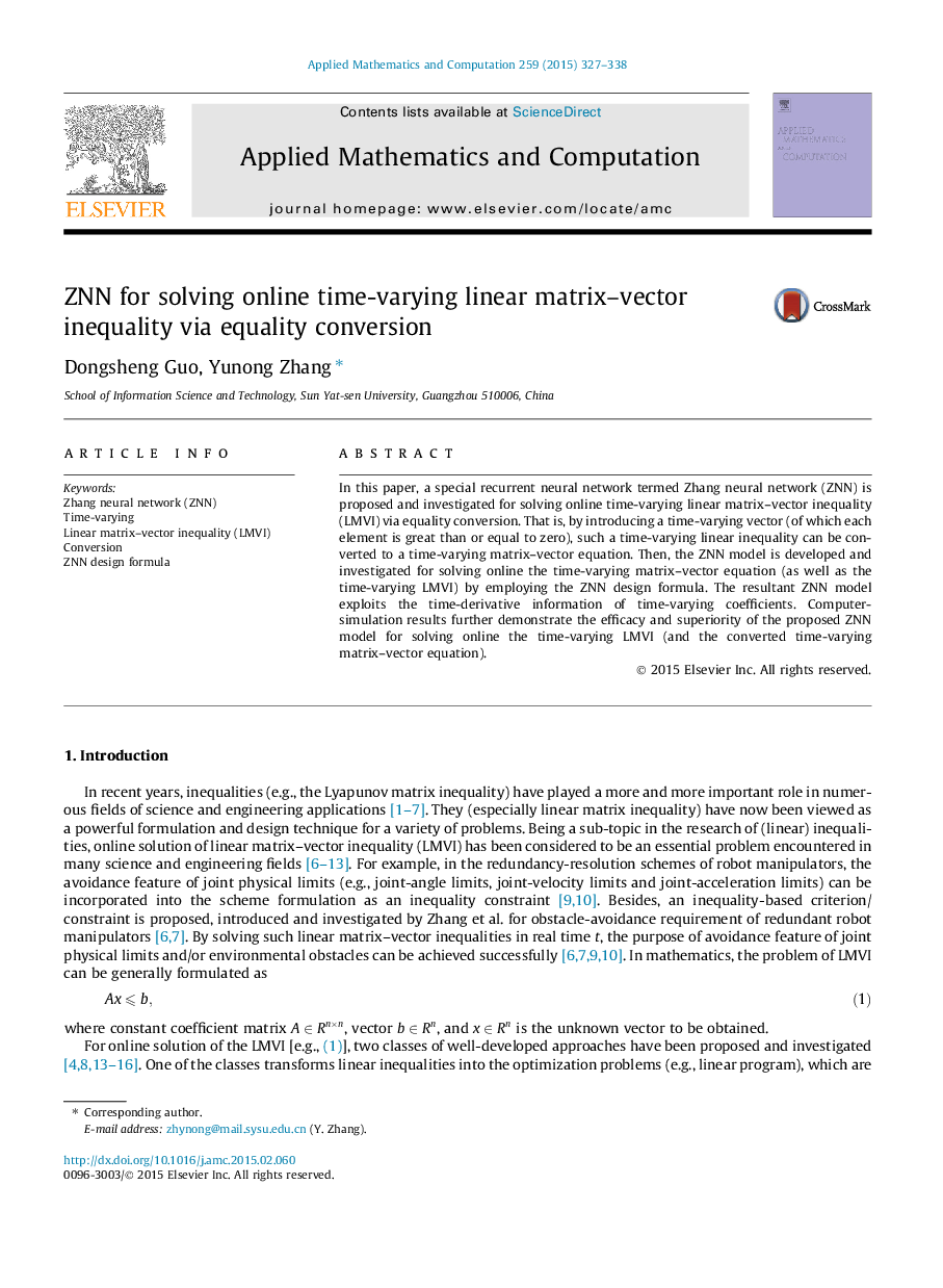 ZNN for solving online time-varying linear matrix–vector inequality via equality conversion