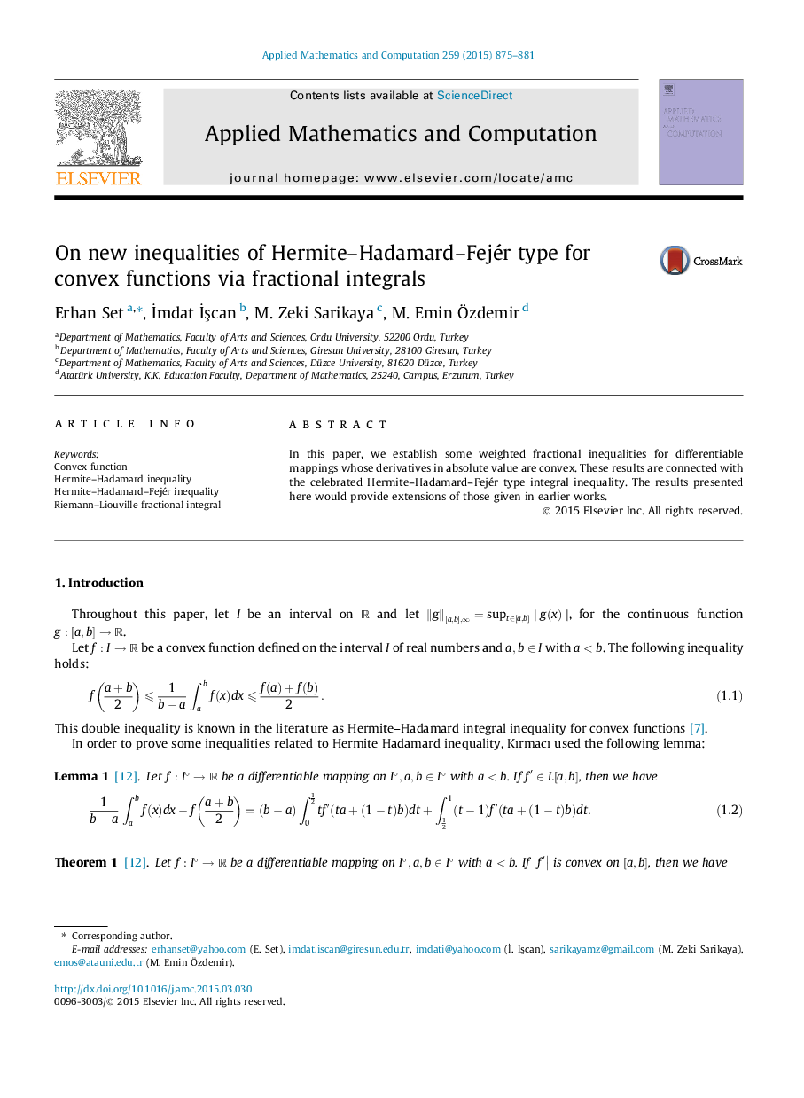 On new inequalities of Hermite–Hadamard–Fejér type for convex functions via fractional integrals