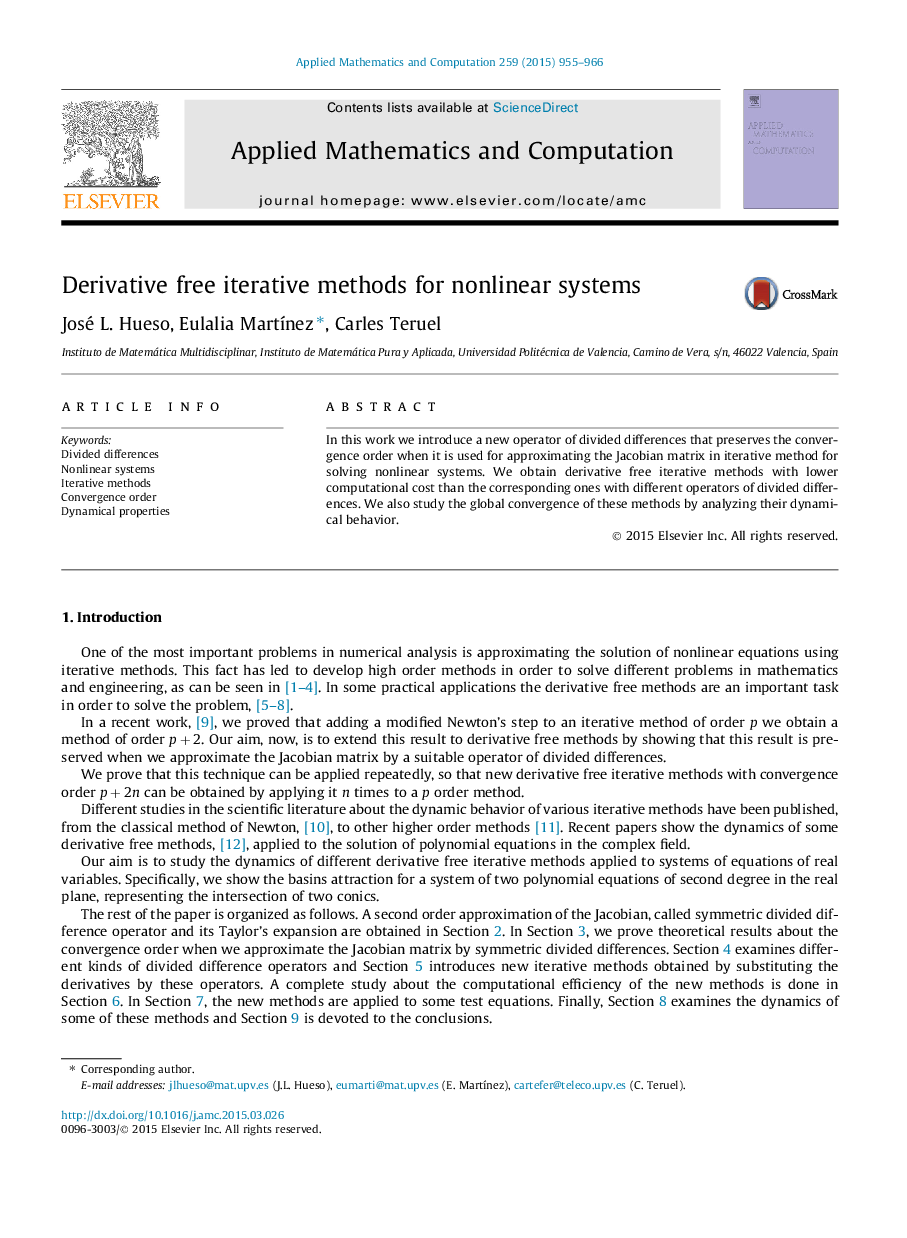 Derivative free iterative methods for nonlinear systems