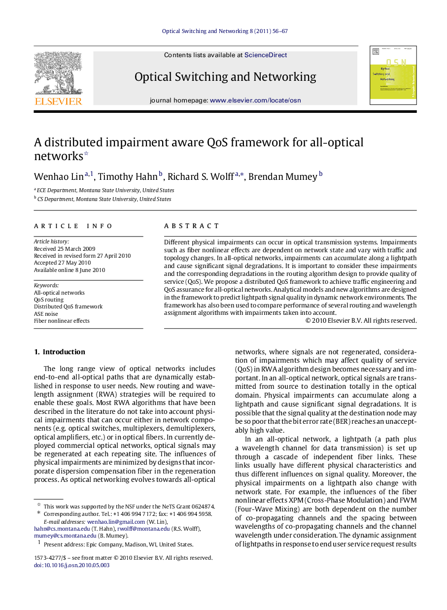 A distributed impairment aware QoS framework for all-optical networks 