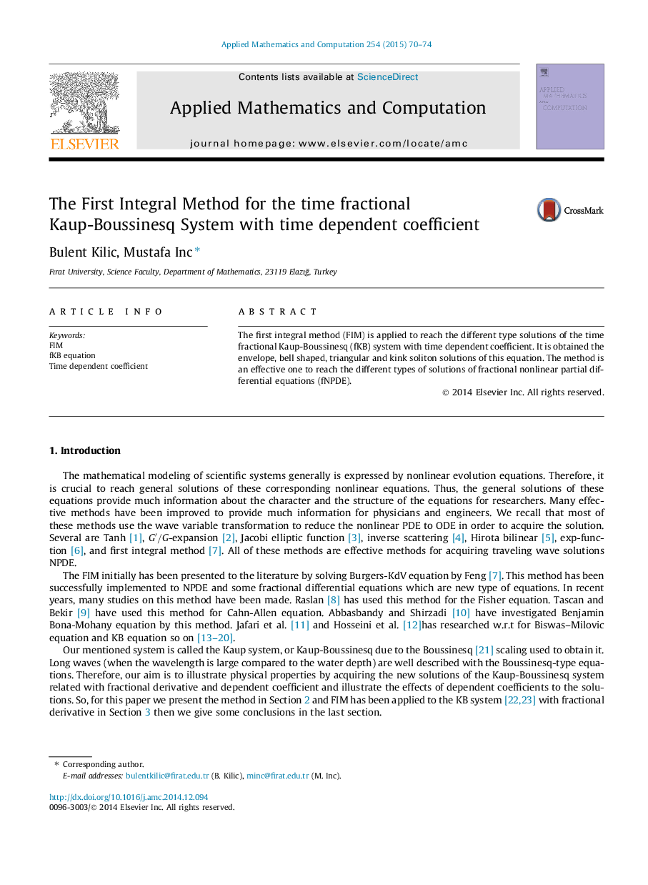 The First Integral Method for the time fractional Kaup-Boussinesq System with time dependent coefficient