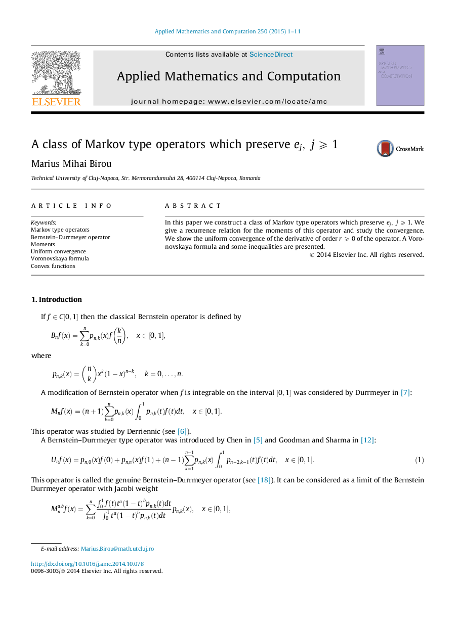 A class of Markov type operators which preserve ej,j⩾1