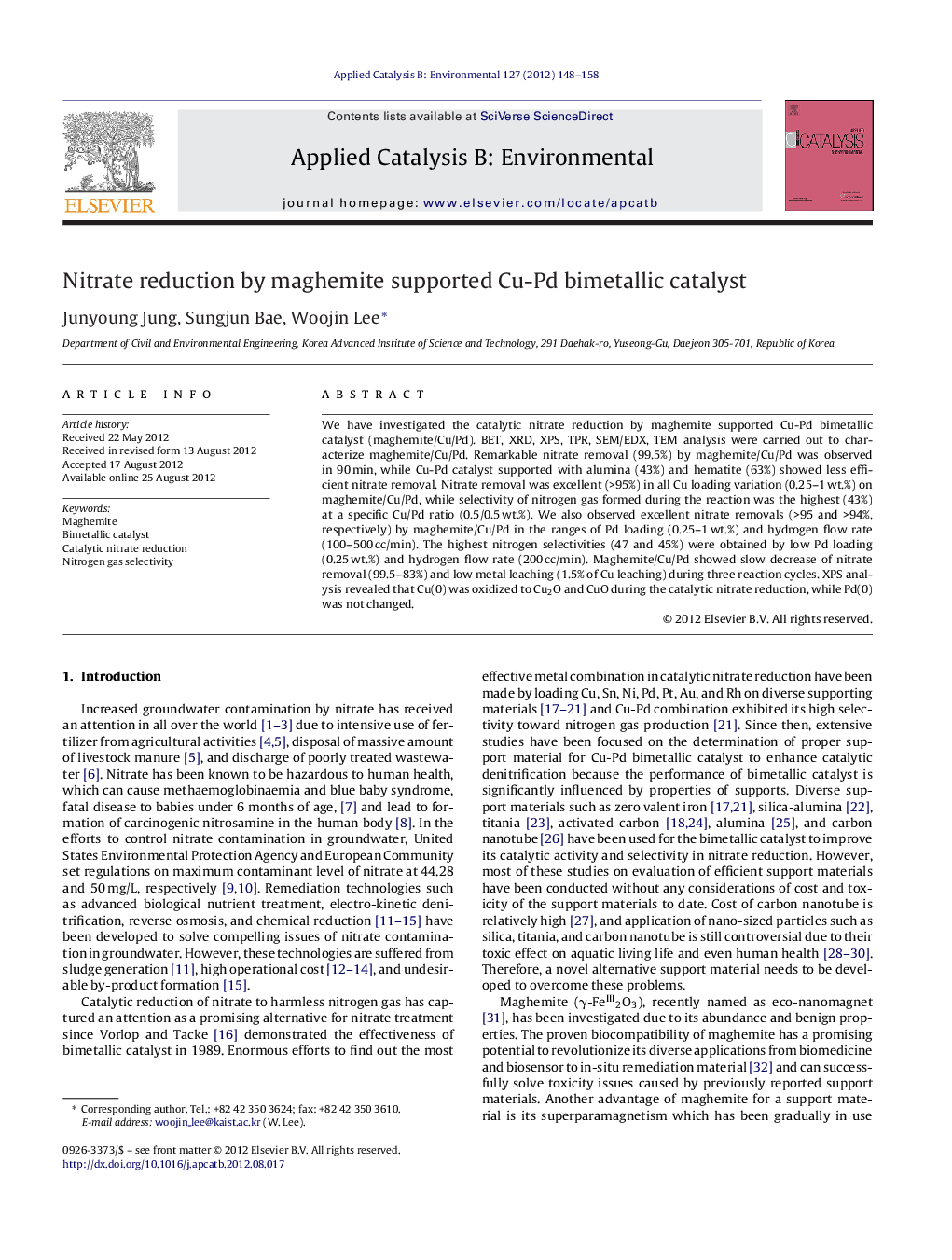 Nitrate reduction by maghemite supported Cu-Pd bimetallic catalyst