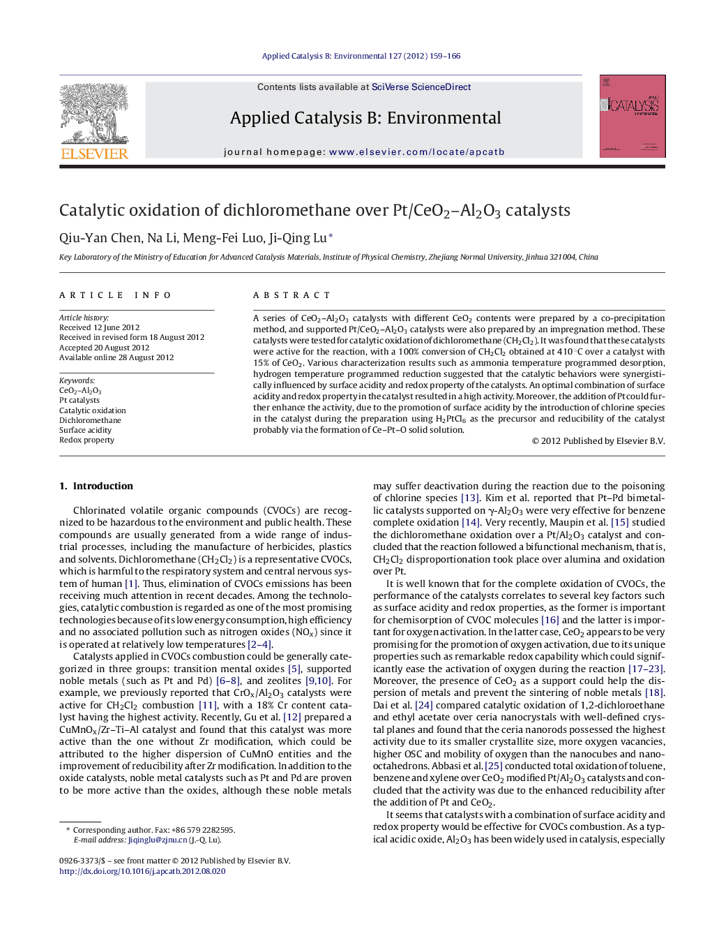 Catalytic oxidation of dichloromethane over Pt/CeO2–Al2O3 catalysts