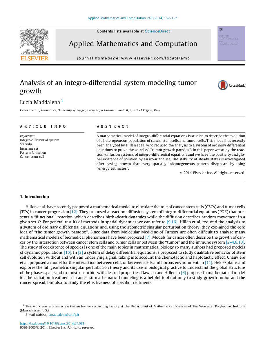 Analysis of an integro-differential system modeling tumor growth