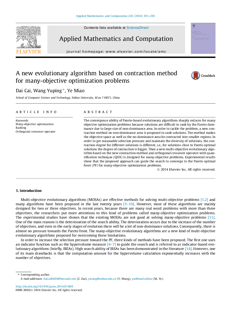 A new evolutionary algorithm based on contraction method for many-objective optimization problems