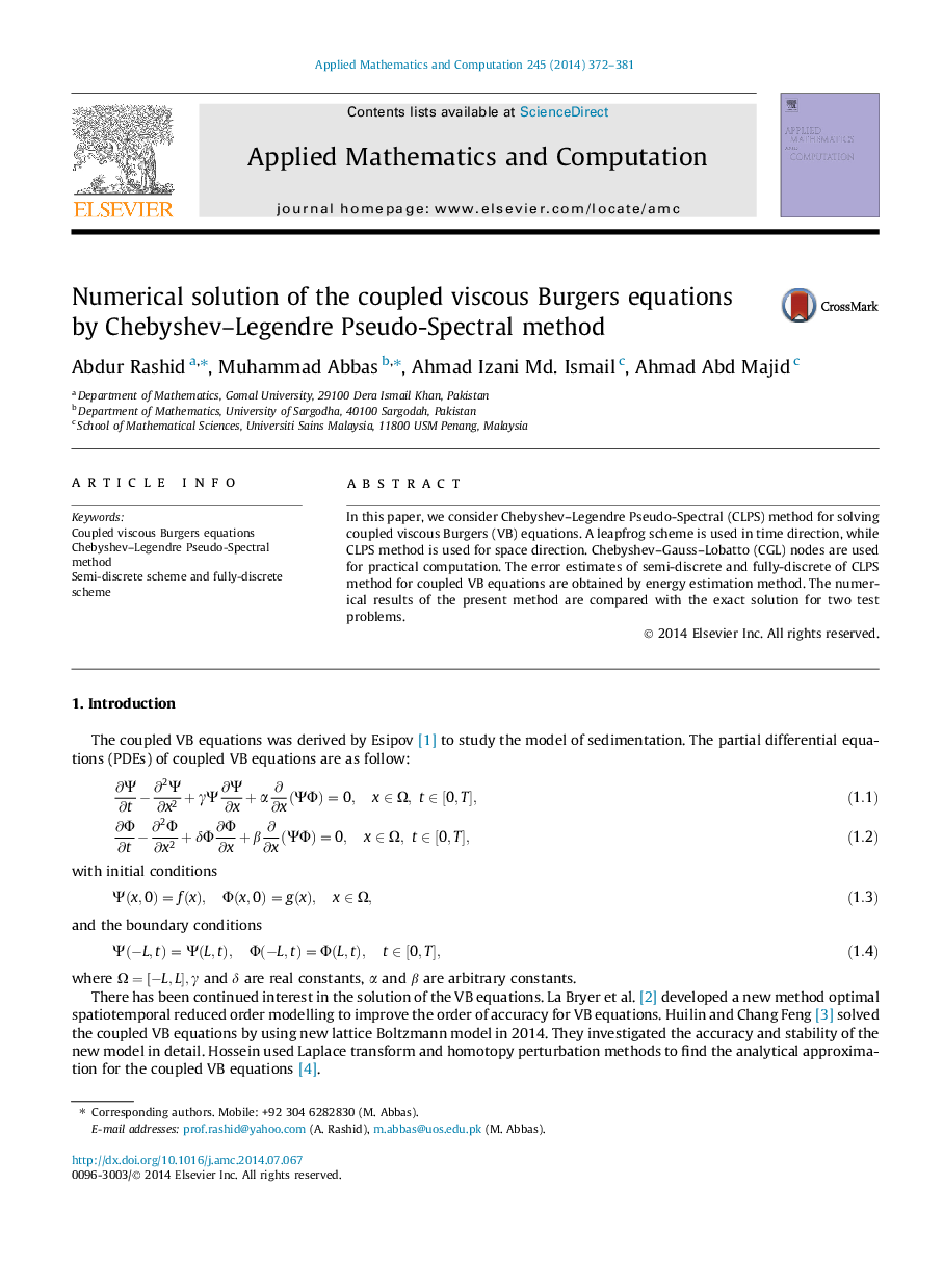Numerical solution of the coupled viscous Burgers equations by Chebyshev–Legendre Pseudo-Spectral method