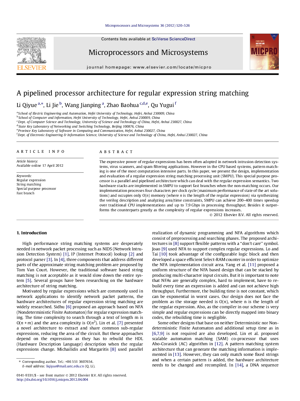 A pipelined processor architecture for regular expression string matching