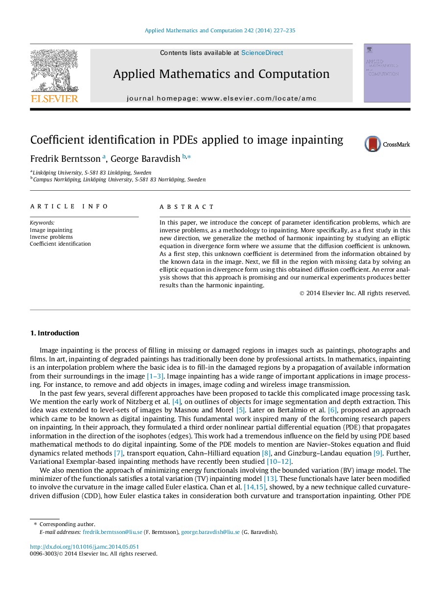 Coefficient identification in PDEs applied to image inpainting