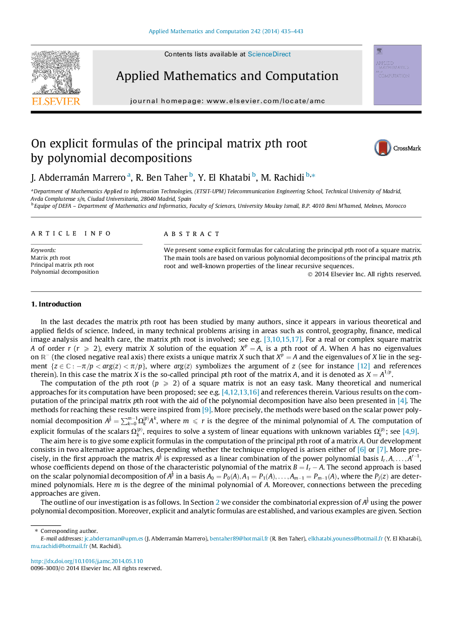 On explicit formulas of the principal matrix pth root by polynomial decompositions