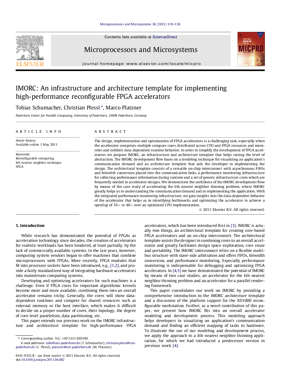 IMORC: An infrastructure and architecture template for implementing high-performance reconfigurable FPGA accelerators