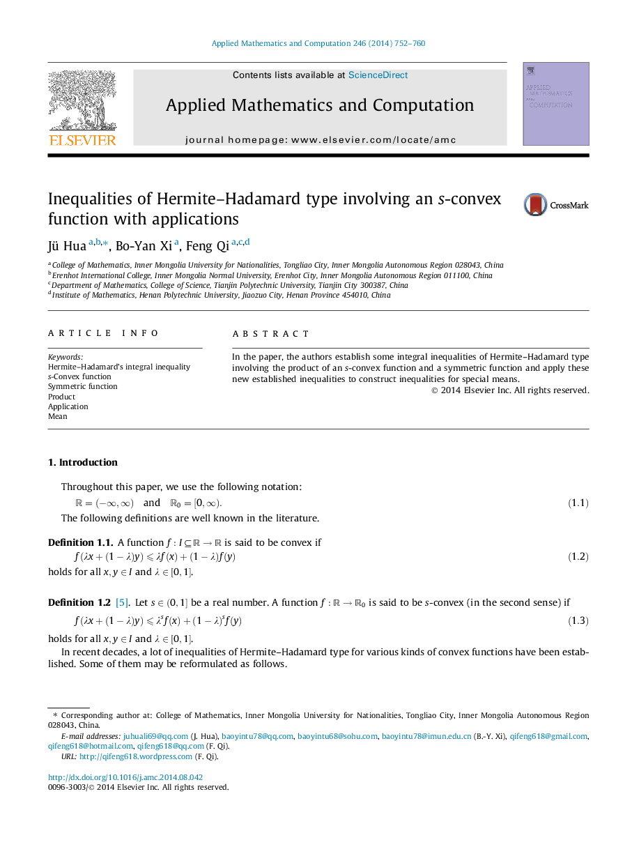 Inequalities of Hermite–Hadamard type involving an s-convex function with applications