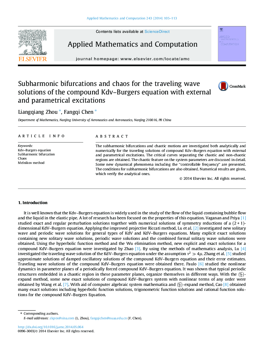 Subharmonic bifurcations and chaos for the traveling wave solutions of the compound Kdv–Burgers equation with external and parametrical excitations