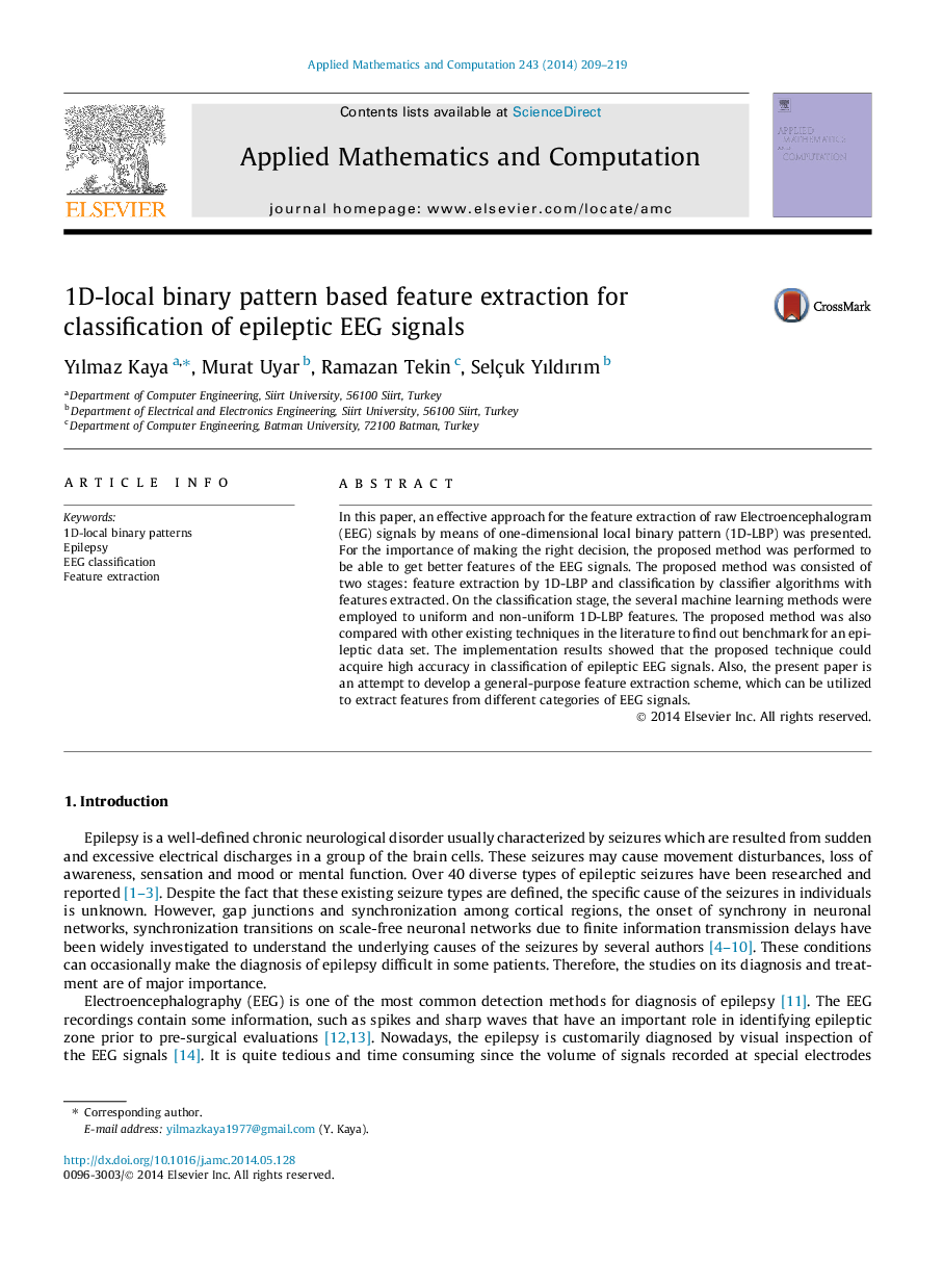 1D-local binary pattern based feature extraction for classification of epileptic EEG signals