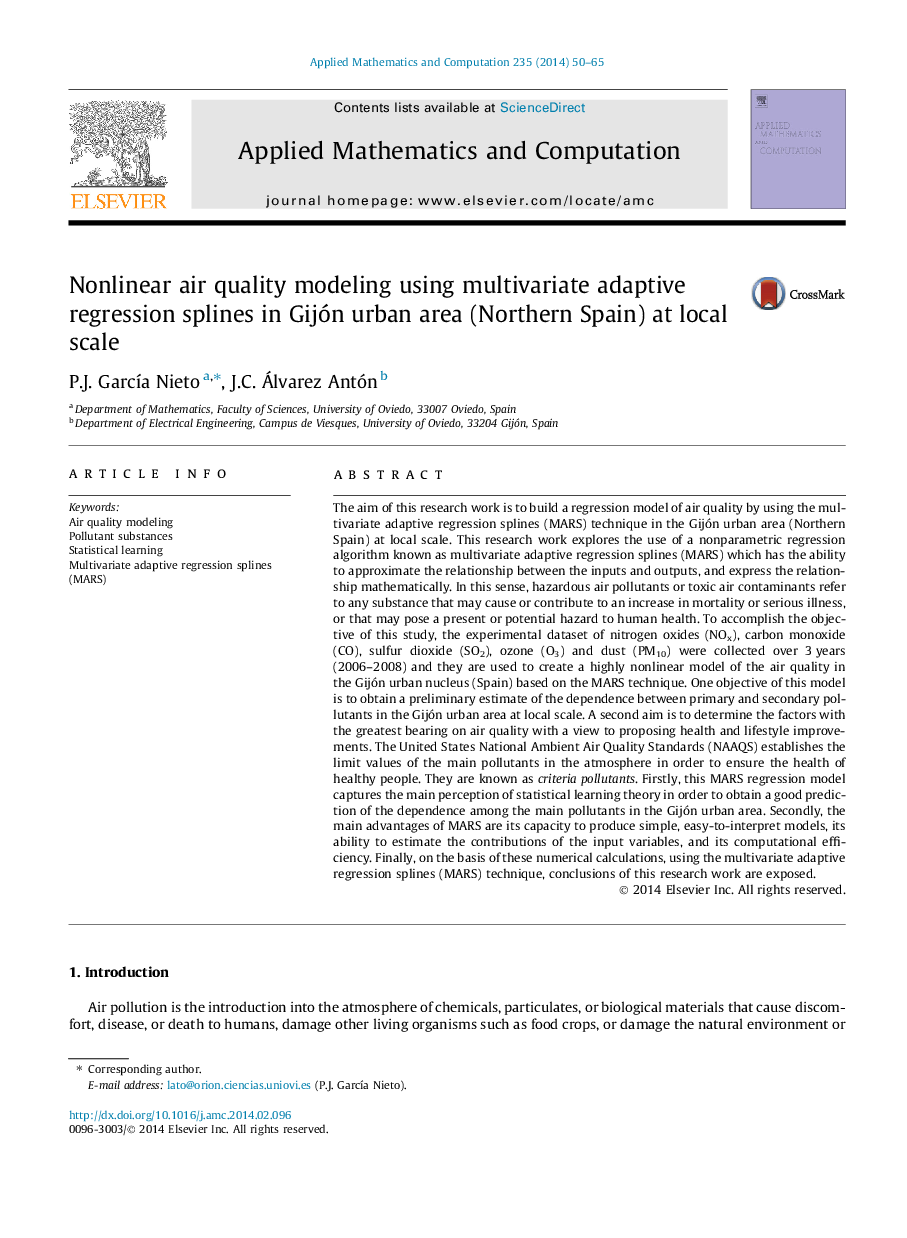 Nonlinear air quality modeling using multivariate adaptive regression splines in Gijón urban area (Northern Spain) at local scale