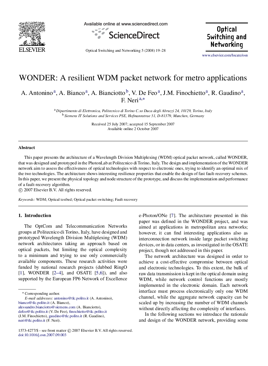 WONDER: A resilient WDM packet network for metro applications