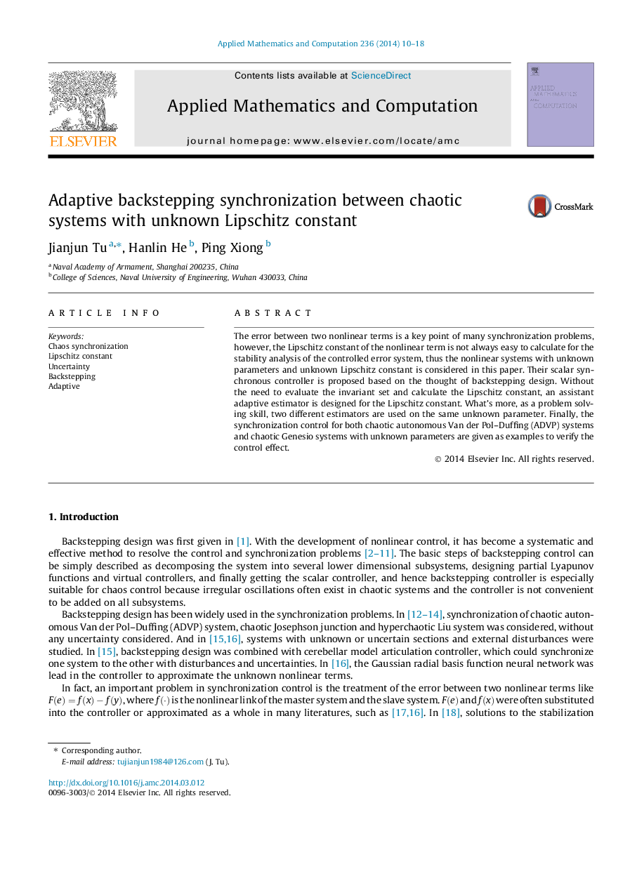 Adaptive backstepping synchronization between chaotic systems with unknown Lipschitz constant