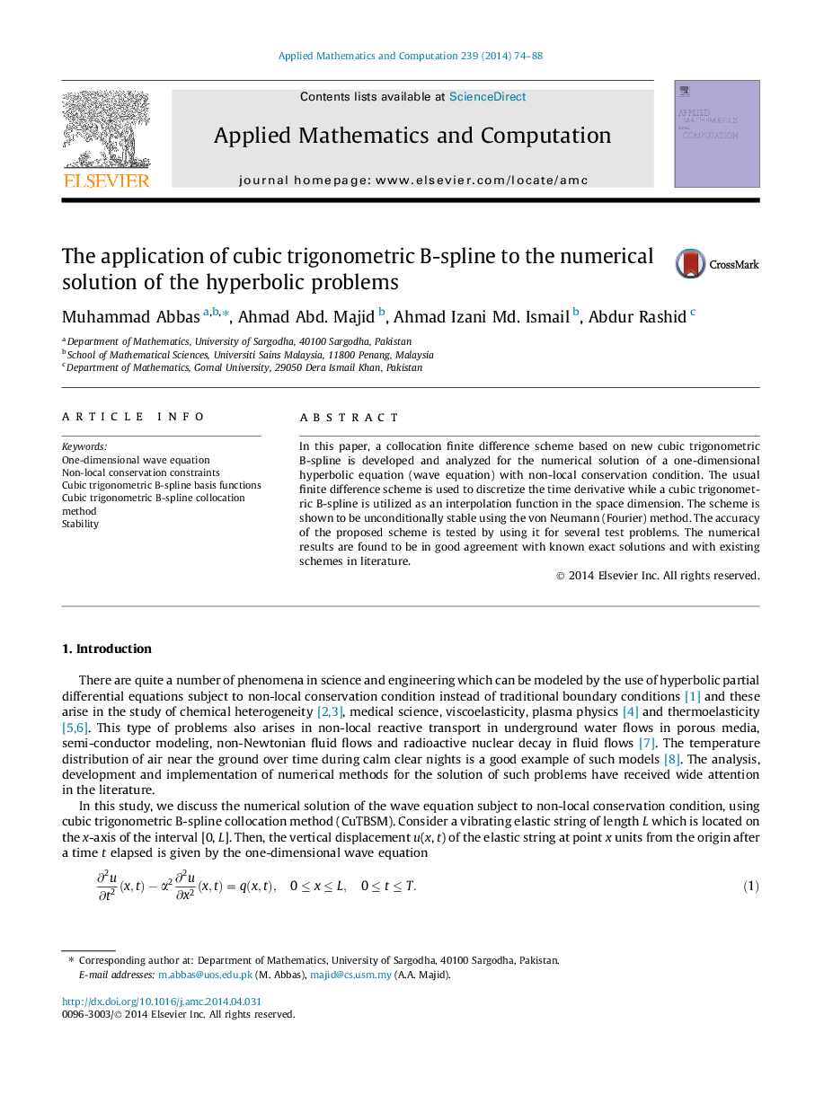 The application of cubic trigonometric B-spline to the numerical solution of the hyperbolic problems