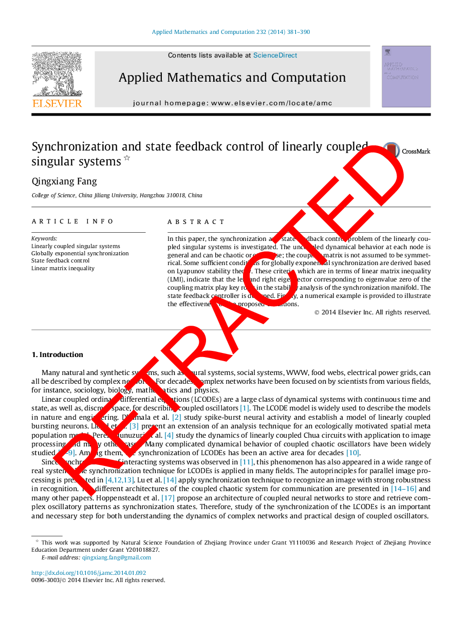 RETRACTED: Synchronization and state feedback control of linearly coupled singular systems