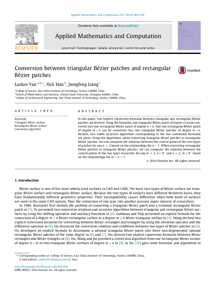 Conversion between triangular Bézier patches and rectangular Bézier patches