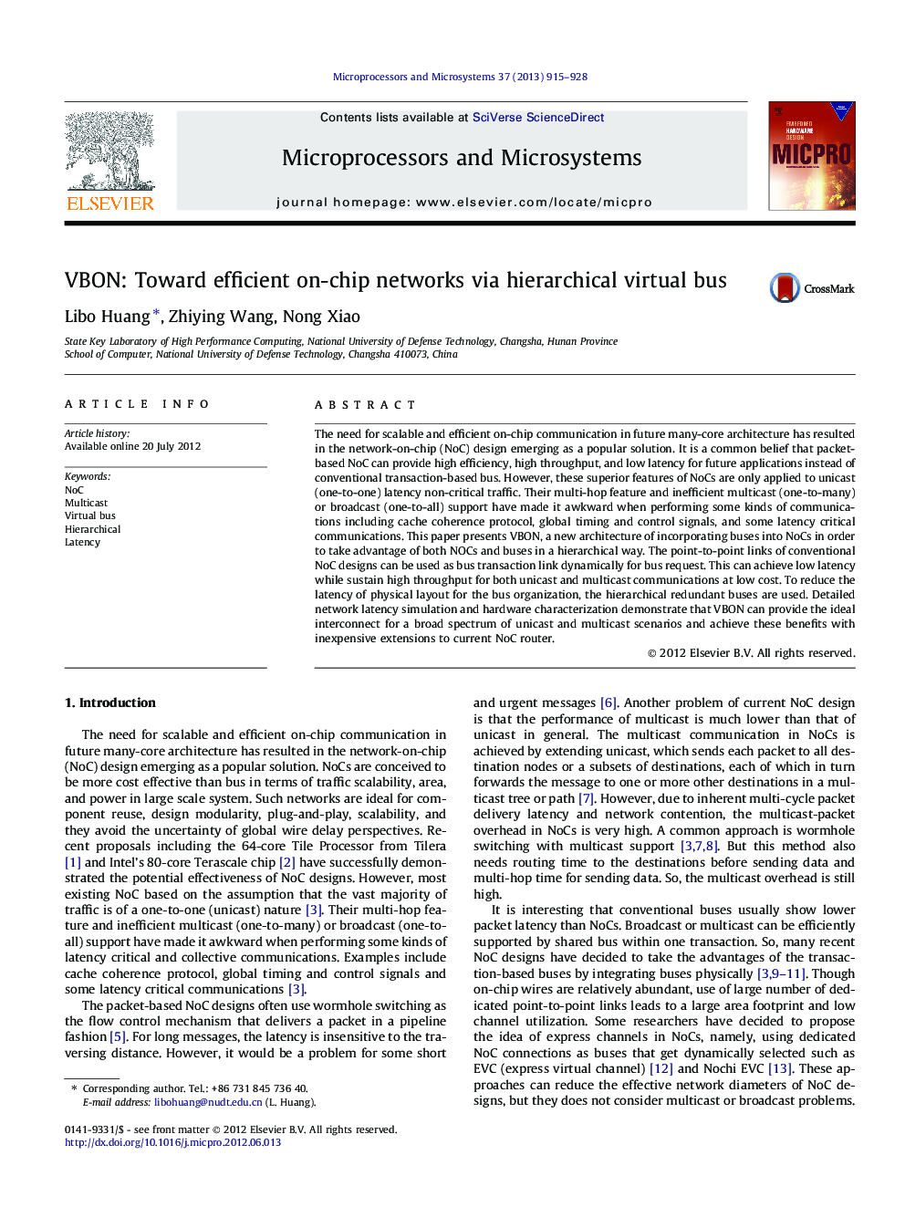 VBON: Toward efficient on-chip networks via hierarchical virtual bus