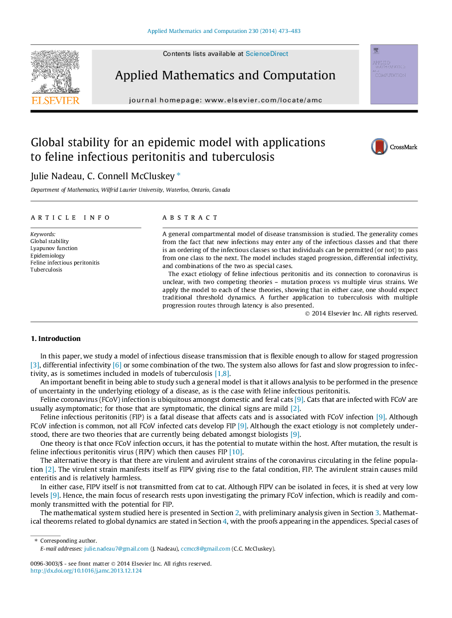 Global stability for an epidemic model with applications to feline infectious peritonitis and tuberculosis