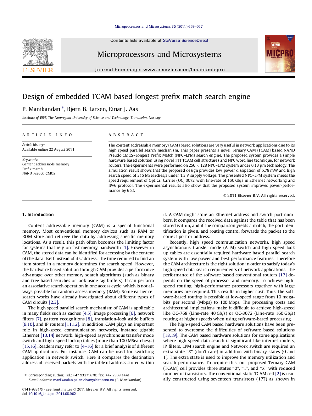 Design of embedded TCAM based longest prefix match search engine