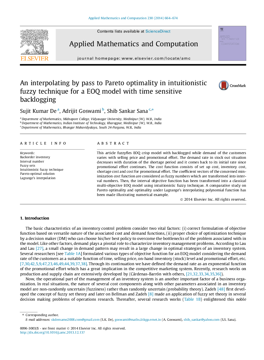 An interpolating by pass to Pareto optimality in intuitionistic fuzzy technique for a EOQ model with time sensitive backlogging