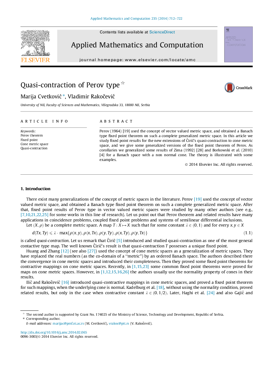 Quasi-contraction of Perov type 