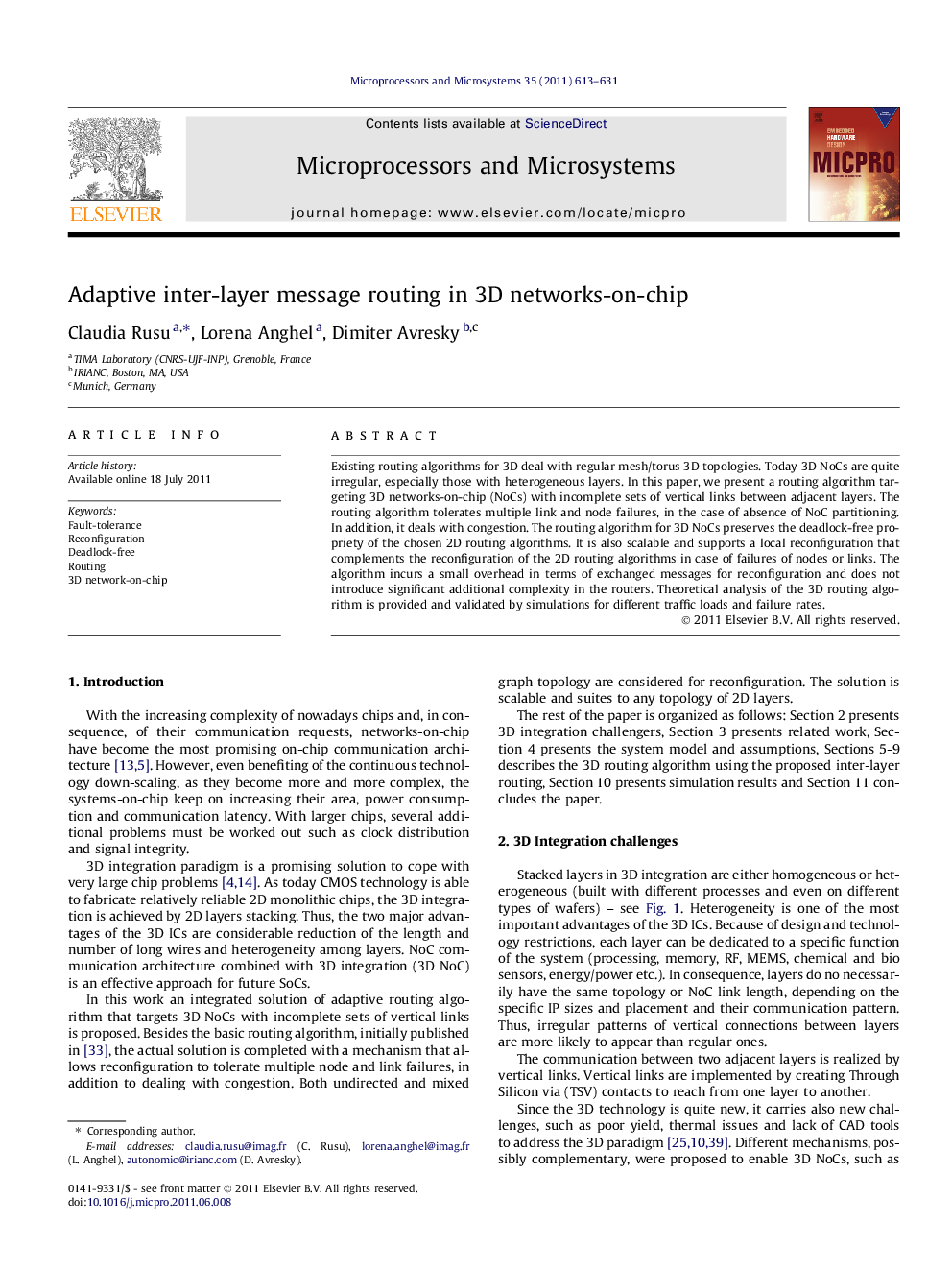 Adaptive inter-layer message routing in 3D networks-on-chip