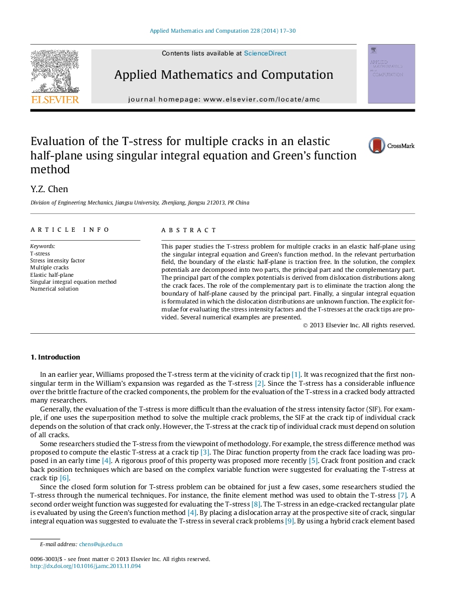 Evaluation of the T-stress for multiple cracks in an elastic half-plane using singular integral equation and Green’s function method