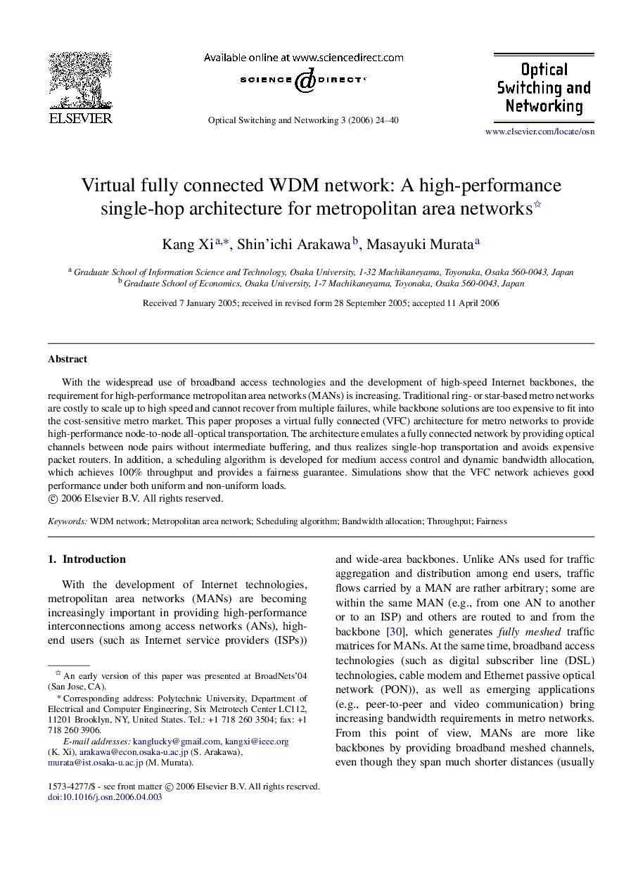 Virtual fully connected WDM network: A high-performance single-hop architecture for metropolitan area networks 