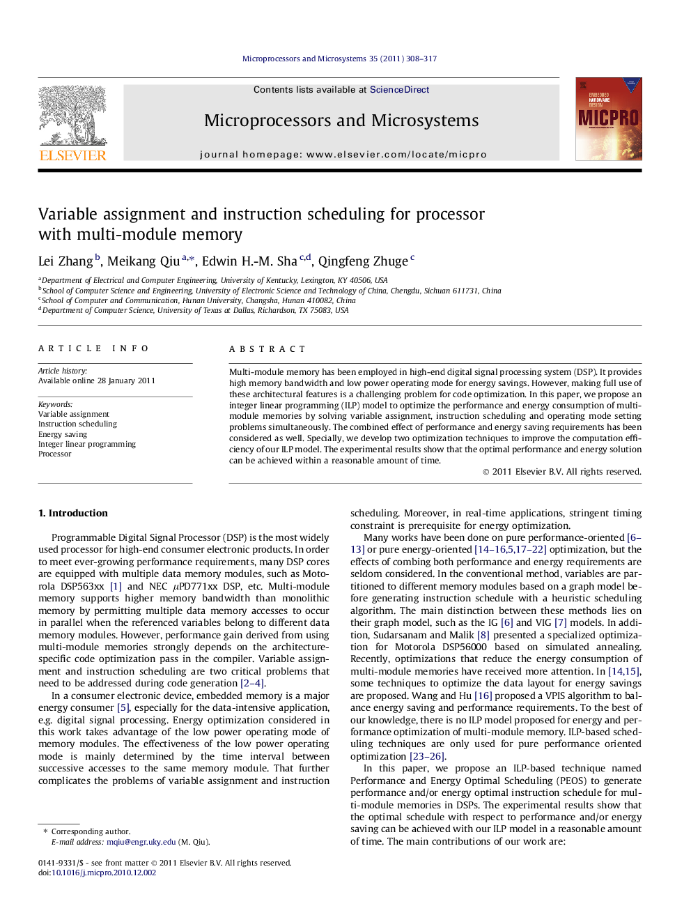 Variable assignment and instruction scheduling for processor with multi-module memory